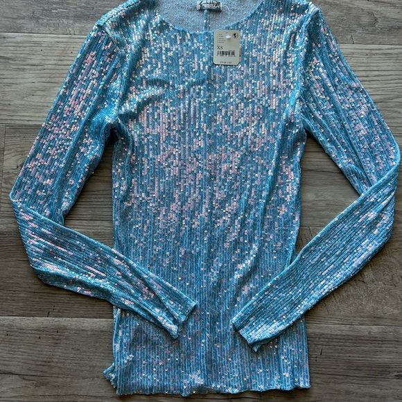 NWT Free People Sequin Long Sleeve XS Baby Blue - Picture 2 of 5